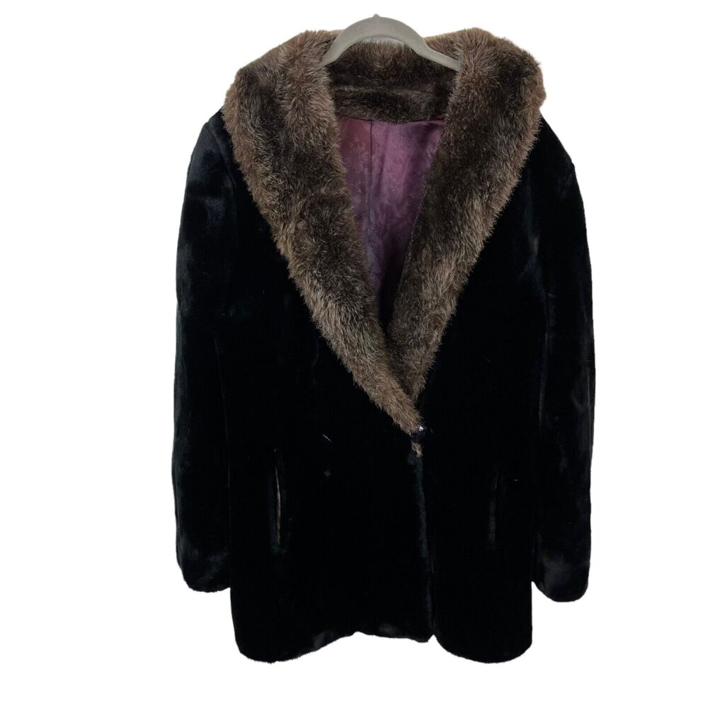 Faux Fur Jacket Coat Vintage Hillmoor NY Black Brown Union Made in USA L / XL